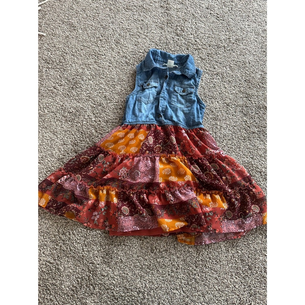 Knitworks Girls XXS Denim Patchwork Tiered Sleeveless Boho Dress Orange Red